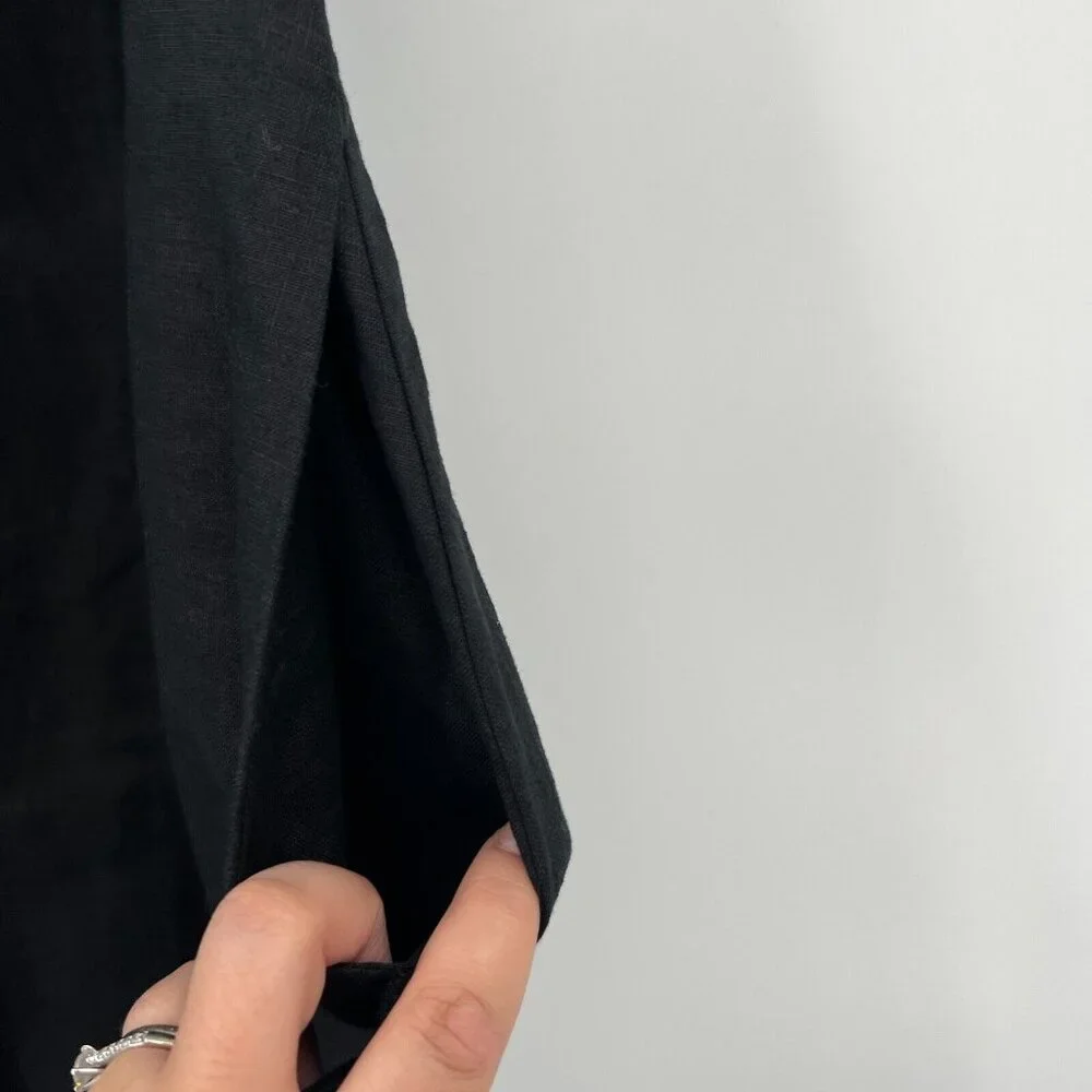 Quince Women's Black Linen Button Front Dress sz M Midi A-Line Belt Short Sleeve - Picture 5 of 9